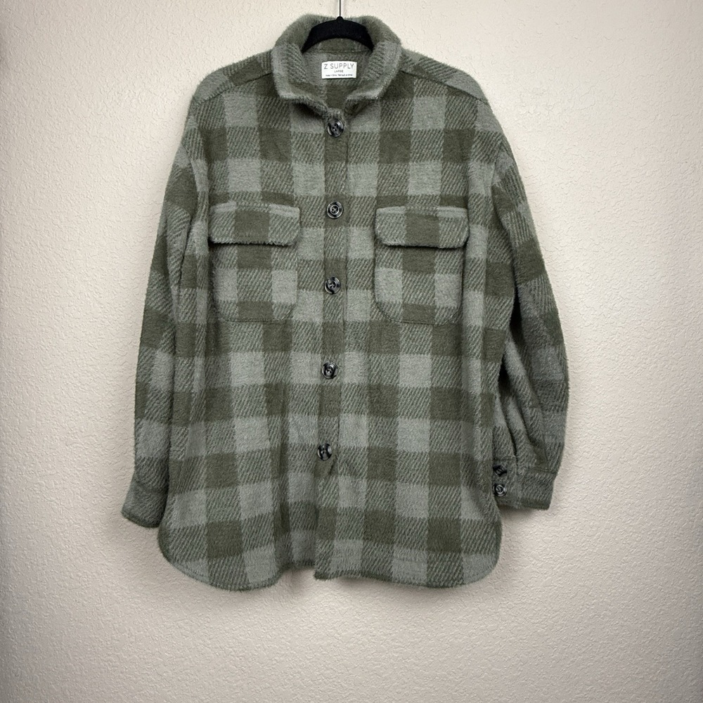 Z Supply Plaid Tucker Jacket Shacket Oversized Soft Fuzzy Sage Green Cabincore S
